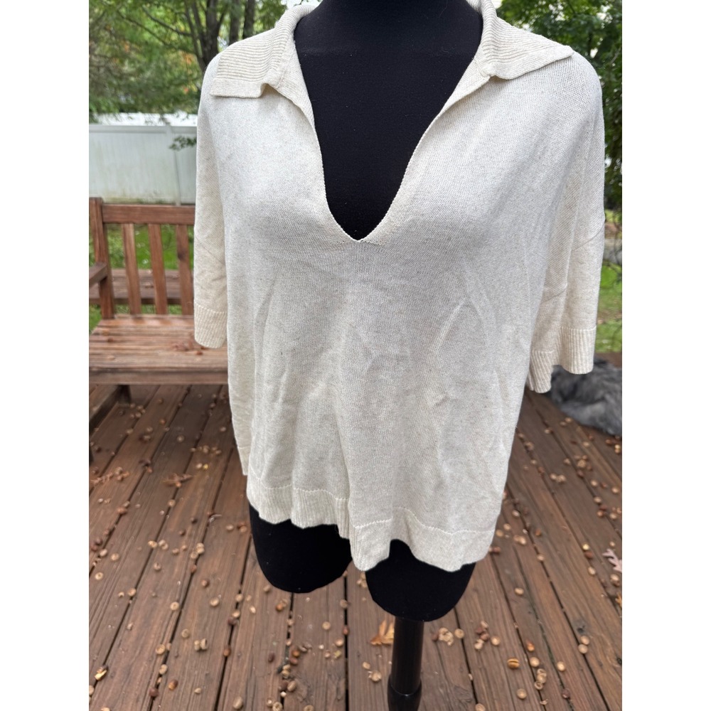 Max Studio London Womens Medium Beige V-Neck Polo Collar Short Sleeve Sweater